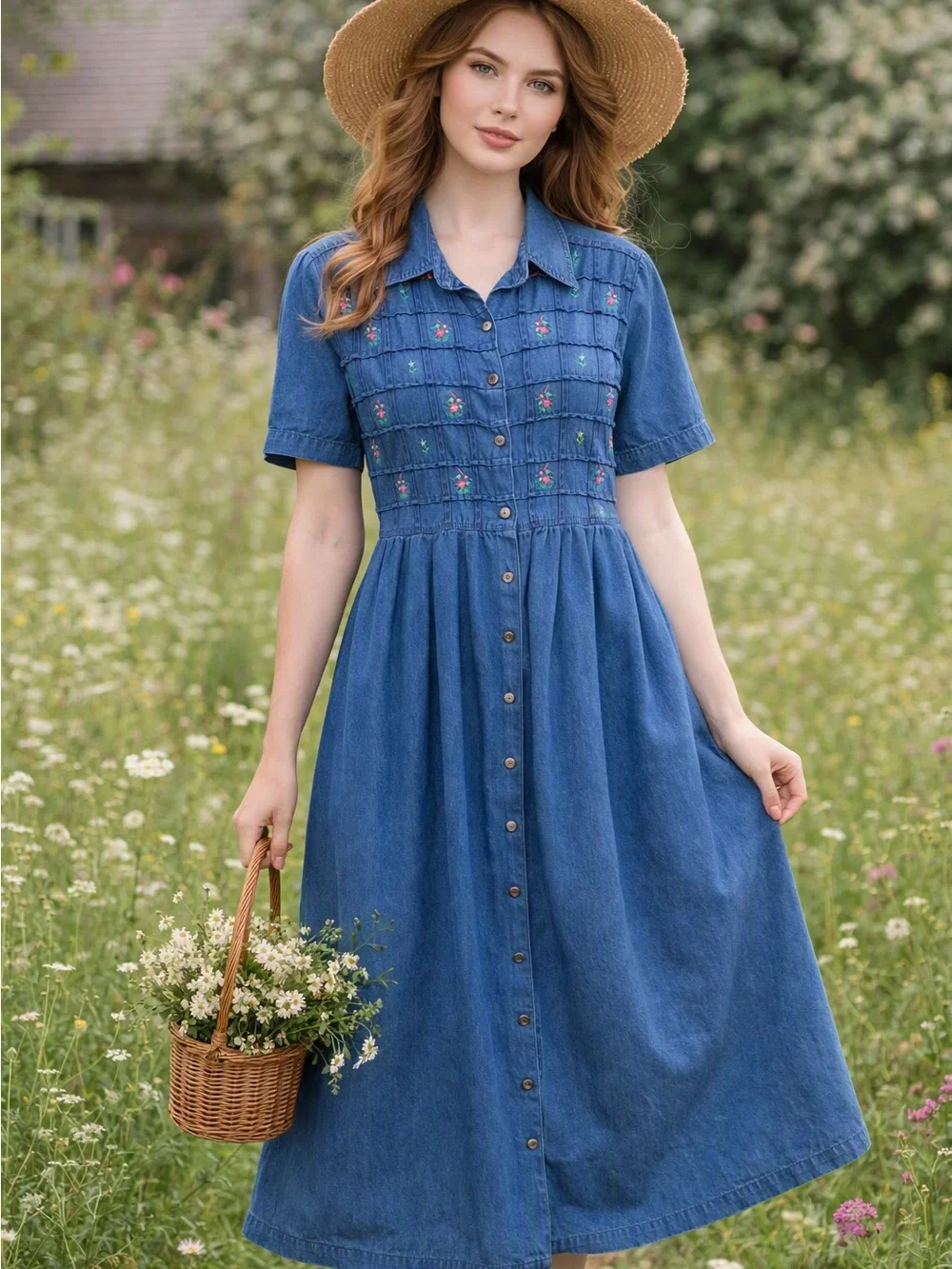 Vintage 90s Bentley Denim Midi Dress Floral Embroidered Prairie Cottagecore 12